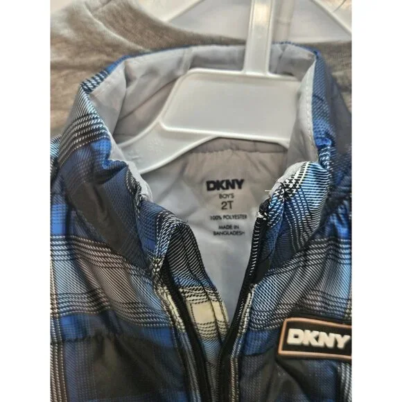 DKNY‎  Size 2T Set Of 3, Plaid Blue Vest/ Black Pants/ Grey Long Sleeve Printed - Picture 5 of 13